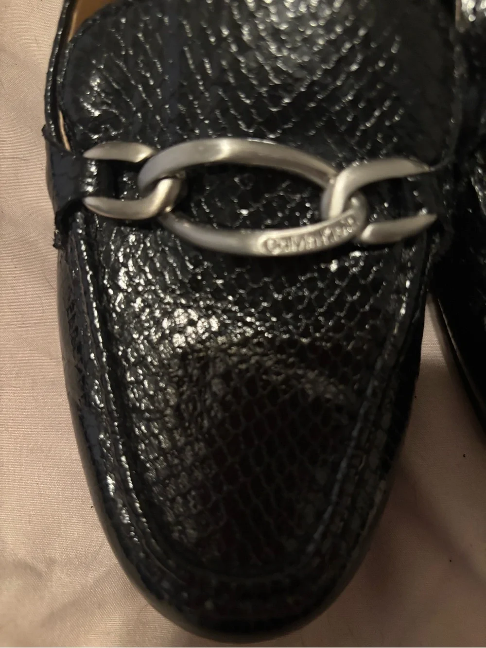 Calvin Klein Black Textured Loafers with Silver Chain Detail